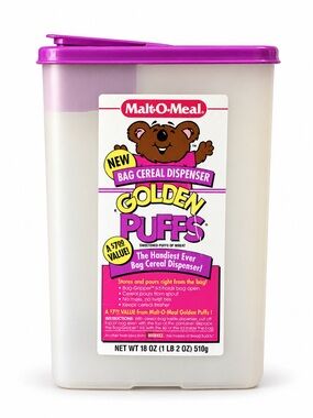 Vintage 90s Malt O Meal Golden Puffs Cereal Dispenser Buddeez Purple Lid